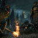 A Bloodborne character holds a torch to a werewolf.